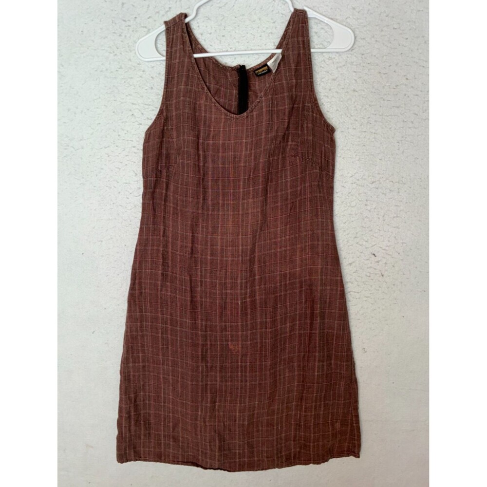 Patagonia Pataloha Dress Womens 6 Brown Plaid Sleeveless 100% Hemp V-neck FLAW